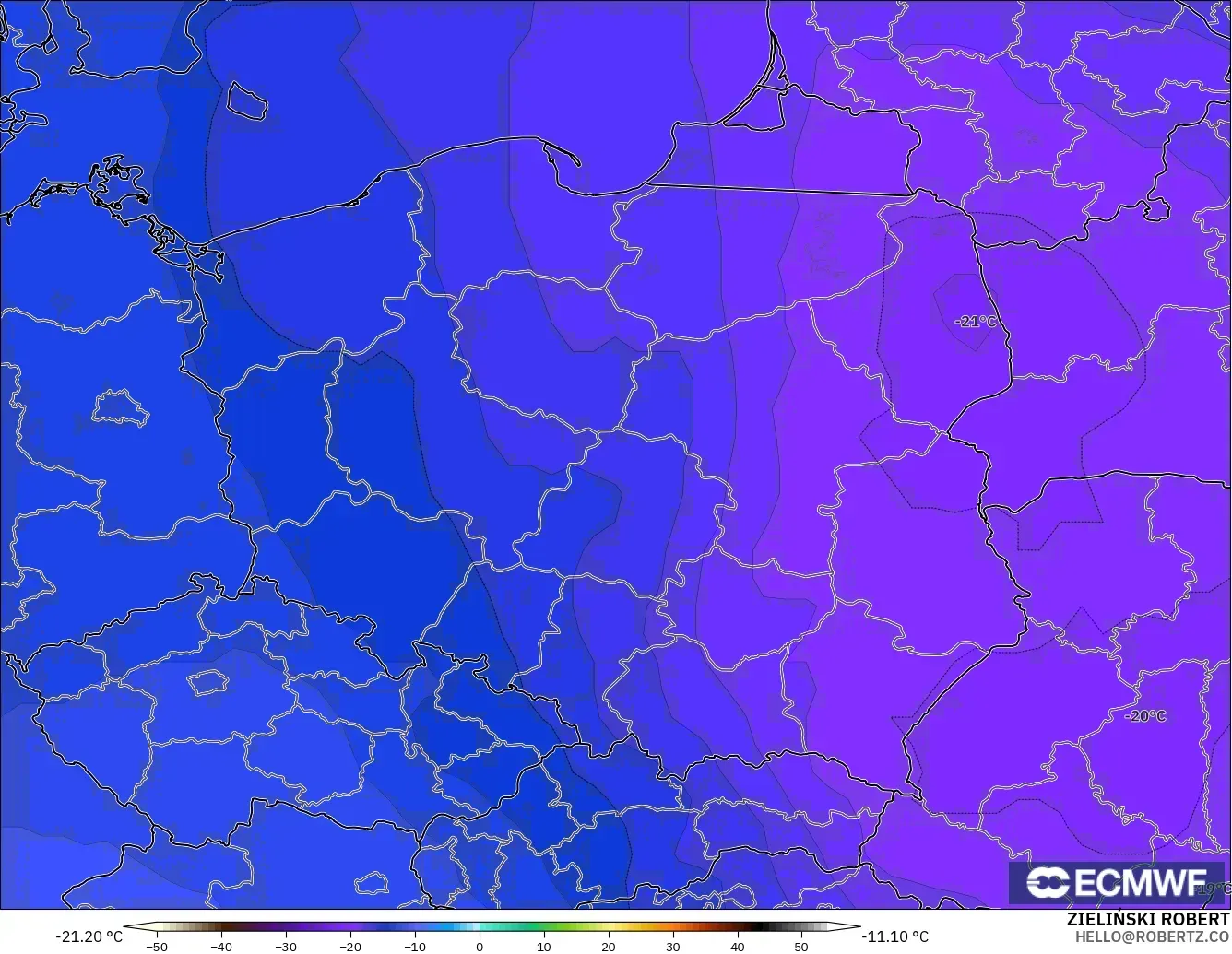 ECMWF IFS 0.25° model - Poland, Temperature at 500hPa