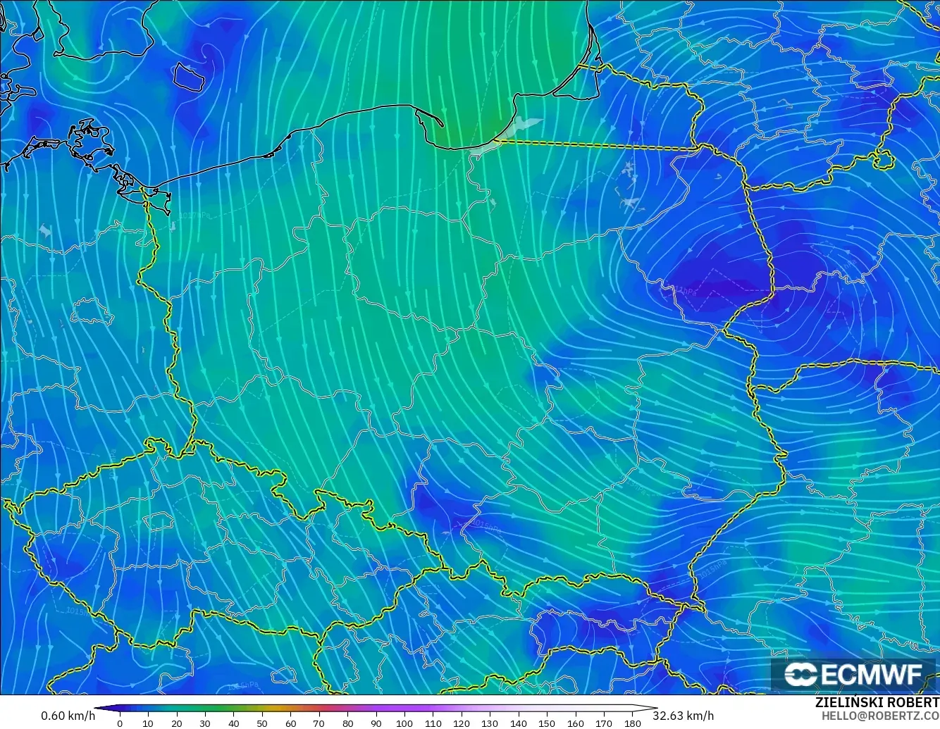 ECMWF IFS 0.25° model - Poland, Wind at 10m