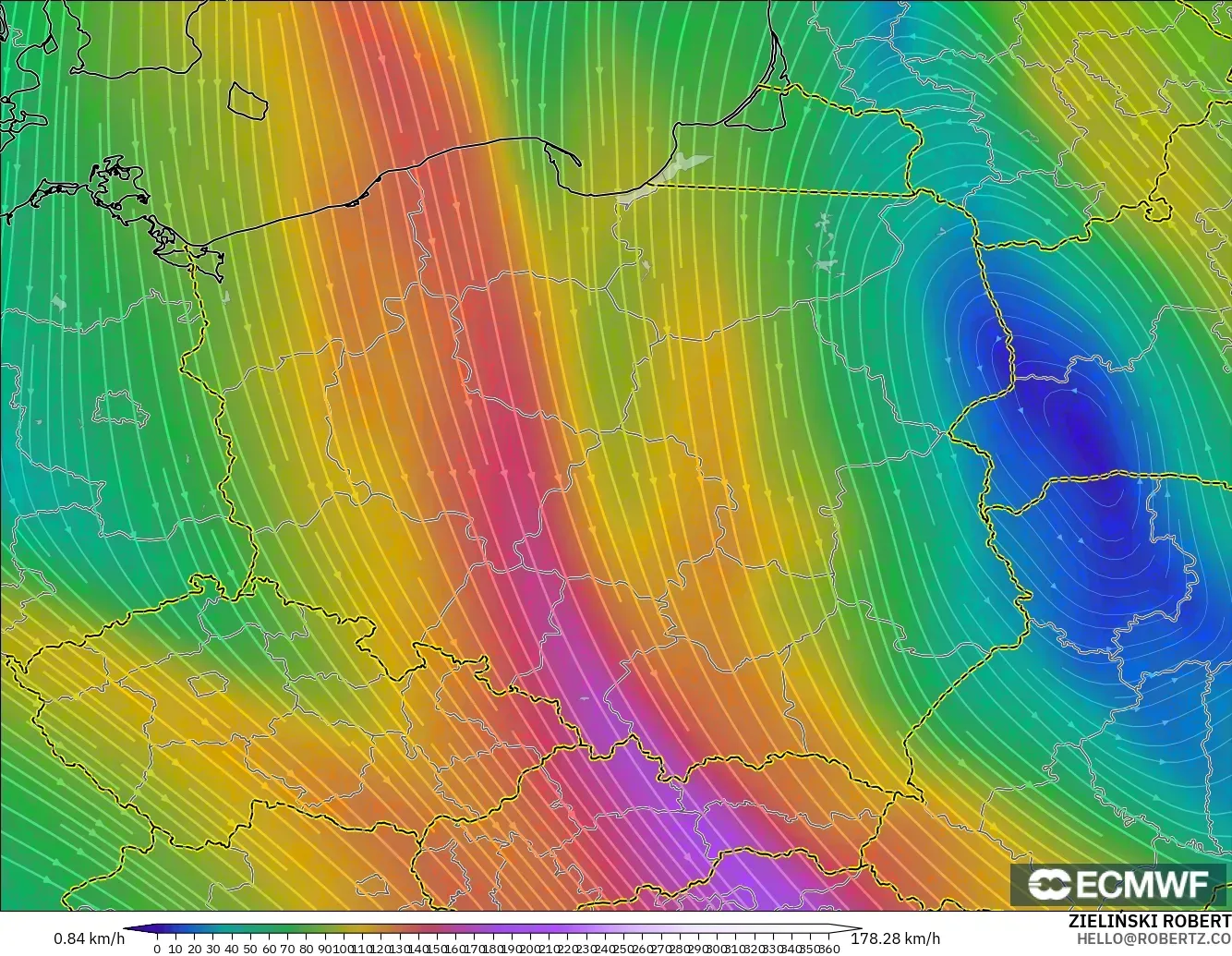 ECMWF IFS 0.25° model - Poland, Wind at 300hPa (jet stream)