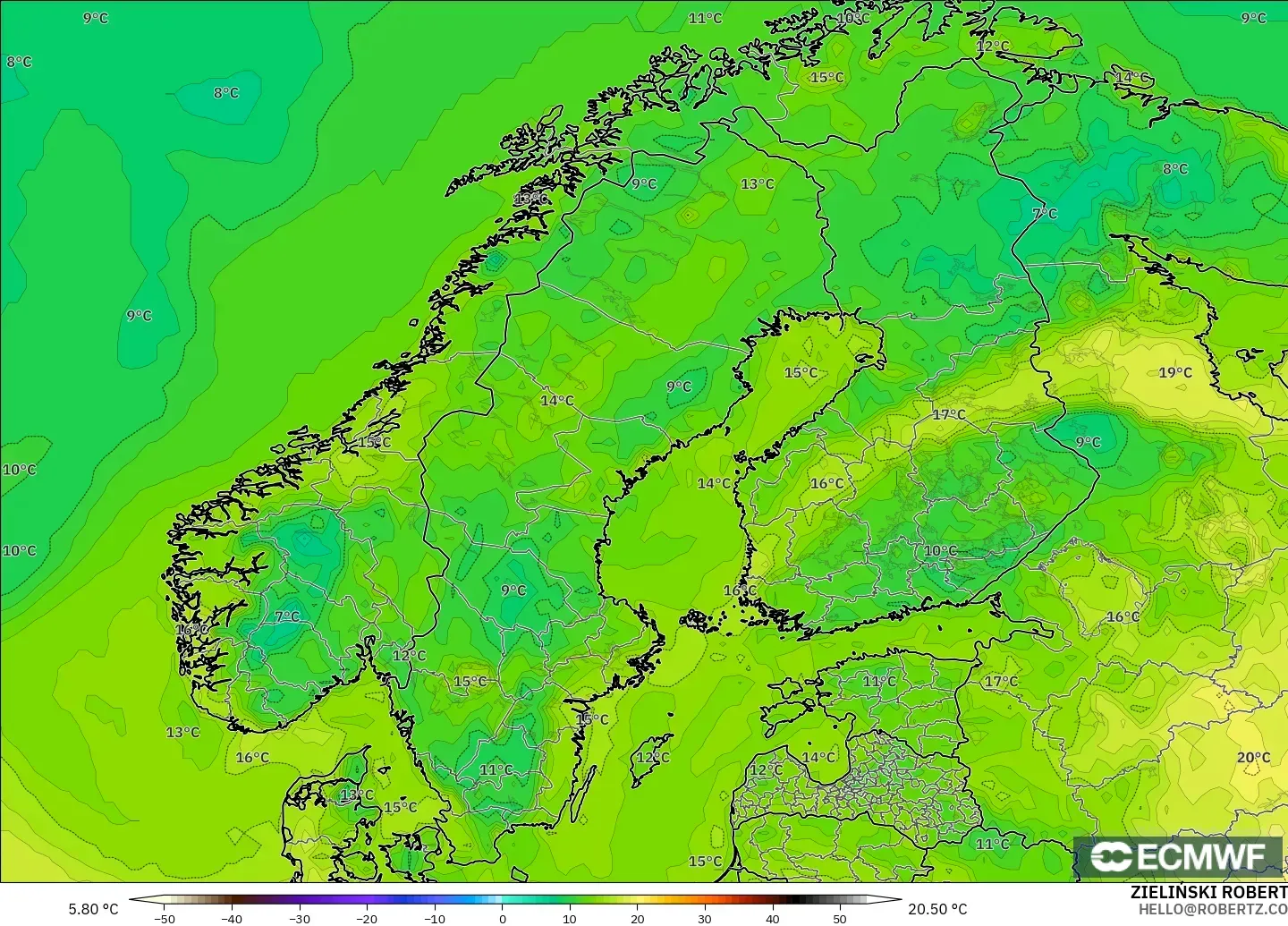 ECMWF IFS 0.25° model - Scandinavia, Dewpoint at 2m