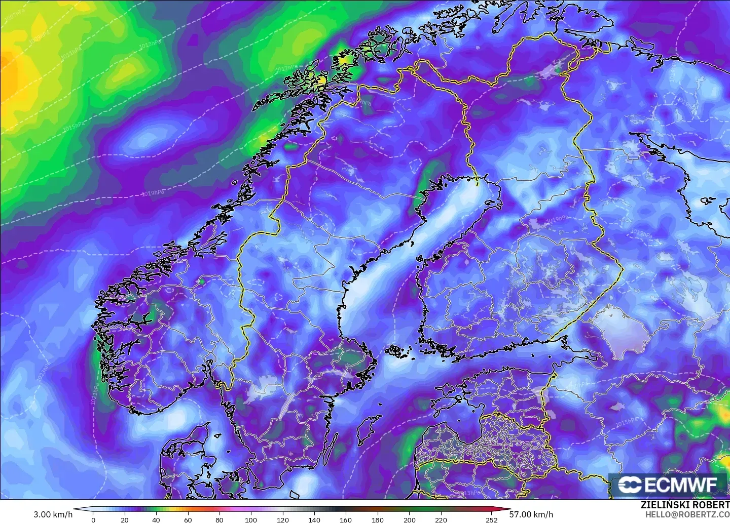 ECMWF IFS 0.25° model - Scandinavia, Wind Gusts Peak