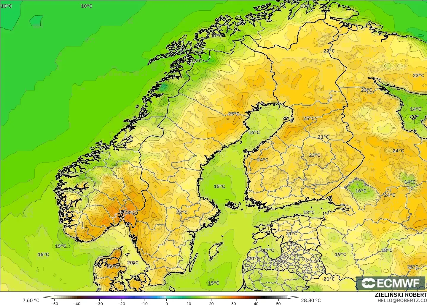 ECMWF IFS 0.25° model - Scandinavia, Temperature at 2m
