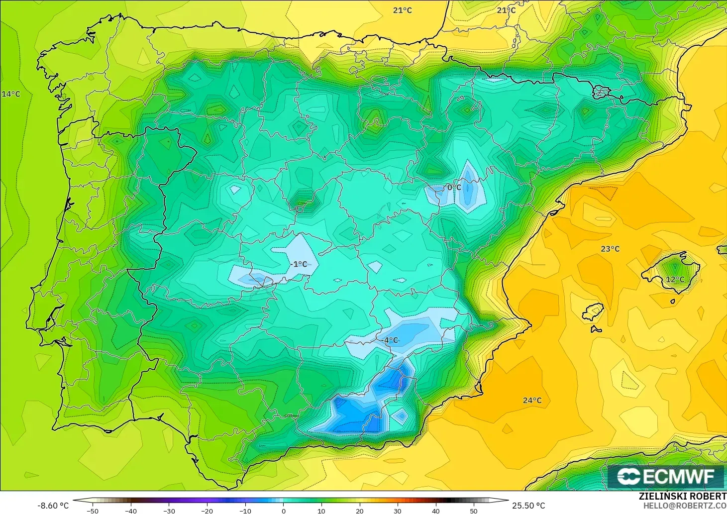 ECMWF IFS 0.25° model - Spain, Dewpoint at 2m