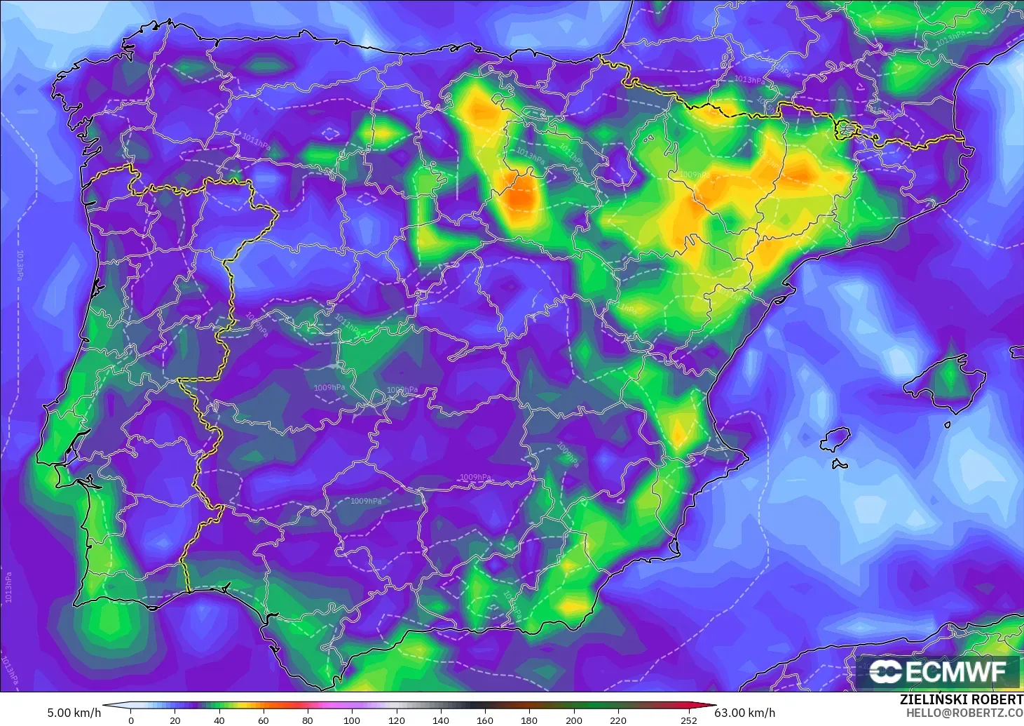 ECMWF IFS 0.25° model - Spain, Wind Gusts Peak
