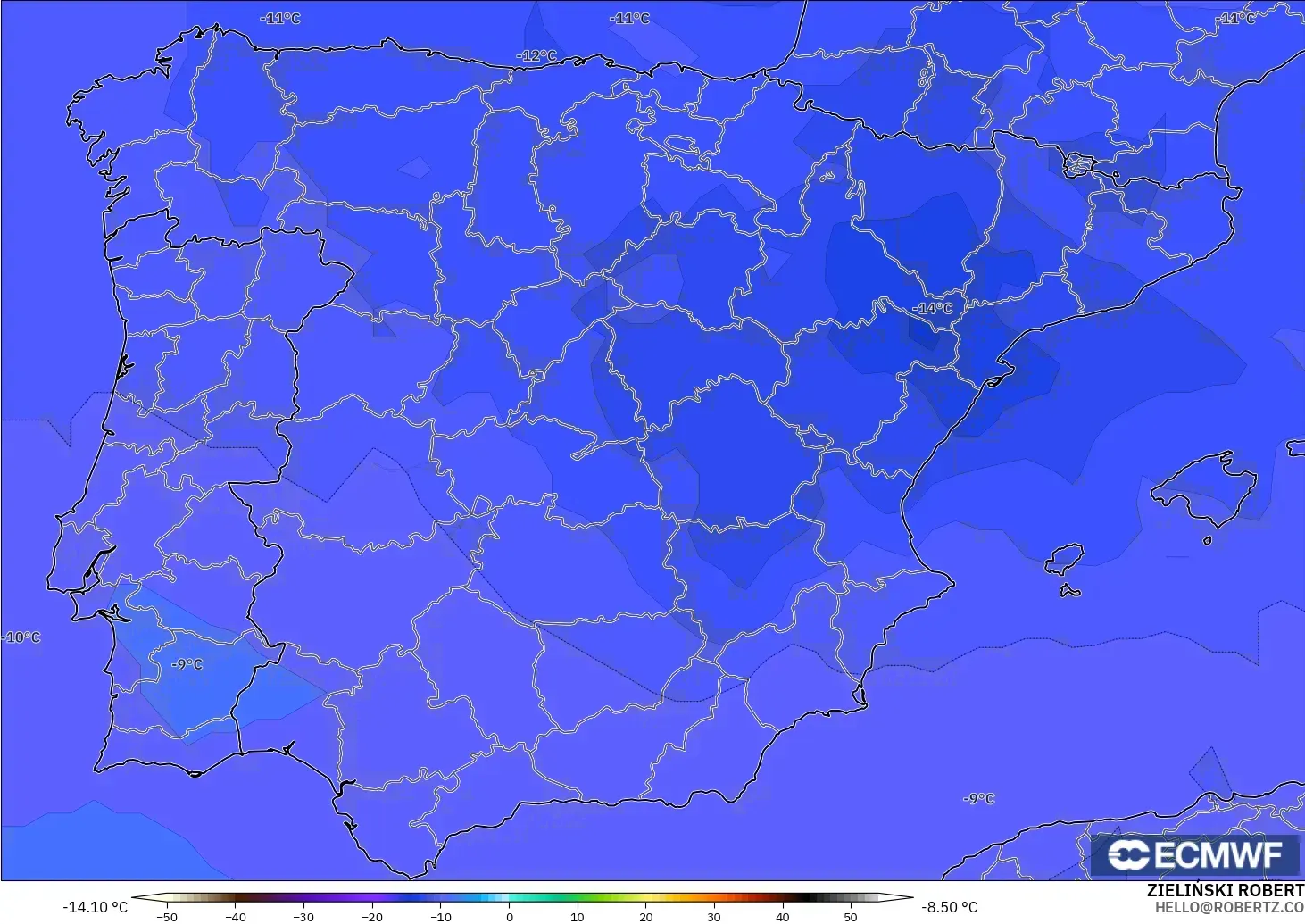 ECMWF IFS 0.25° model - Spain, Temperature at 500hPa