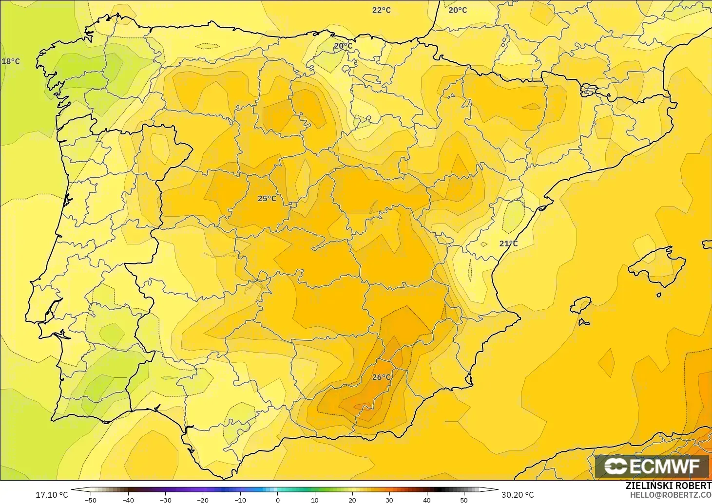 ECMWF IFS 0.25° model - Spain, Temperature at 850hPa