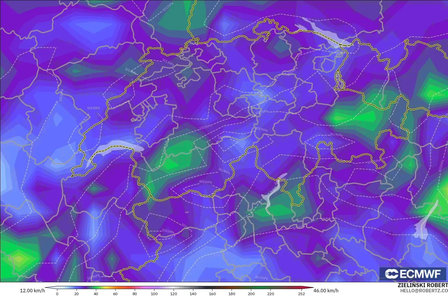 ECMWF IFS 0.25° model - Switzerland, Wind Gusts Peak