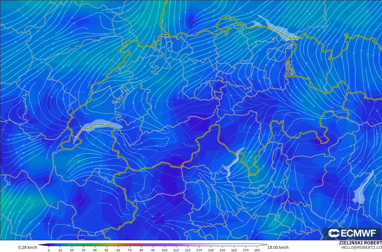 ECMWF IFS 0.25° model - Switzerland, Wind at 10m