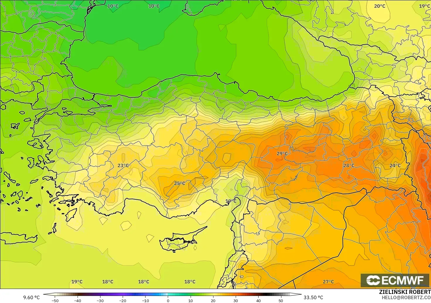 ECMWF IFS 0.25° model - Turkey, Temperature at 850hPa