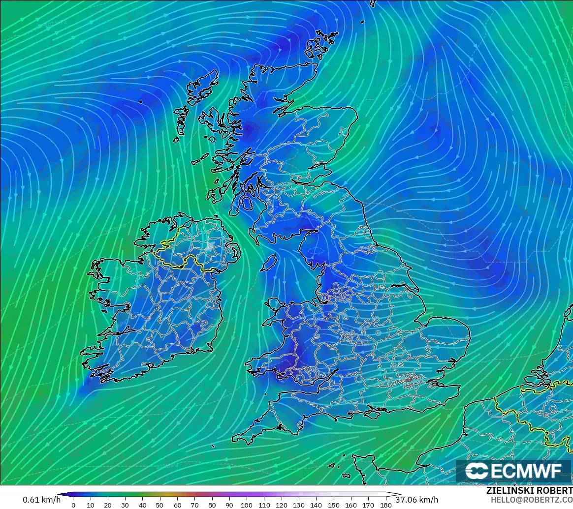 ECMWF IFS 0.25° model - United Kingdom, Wind at 10m