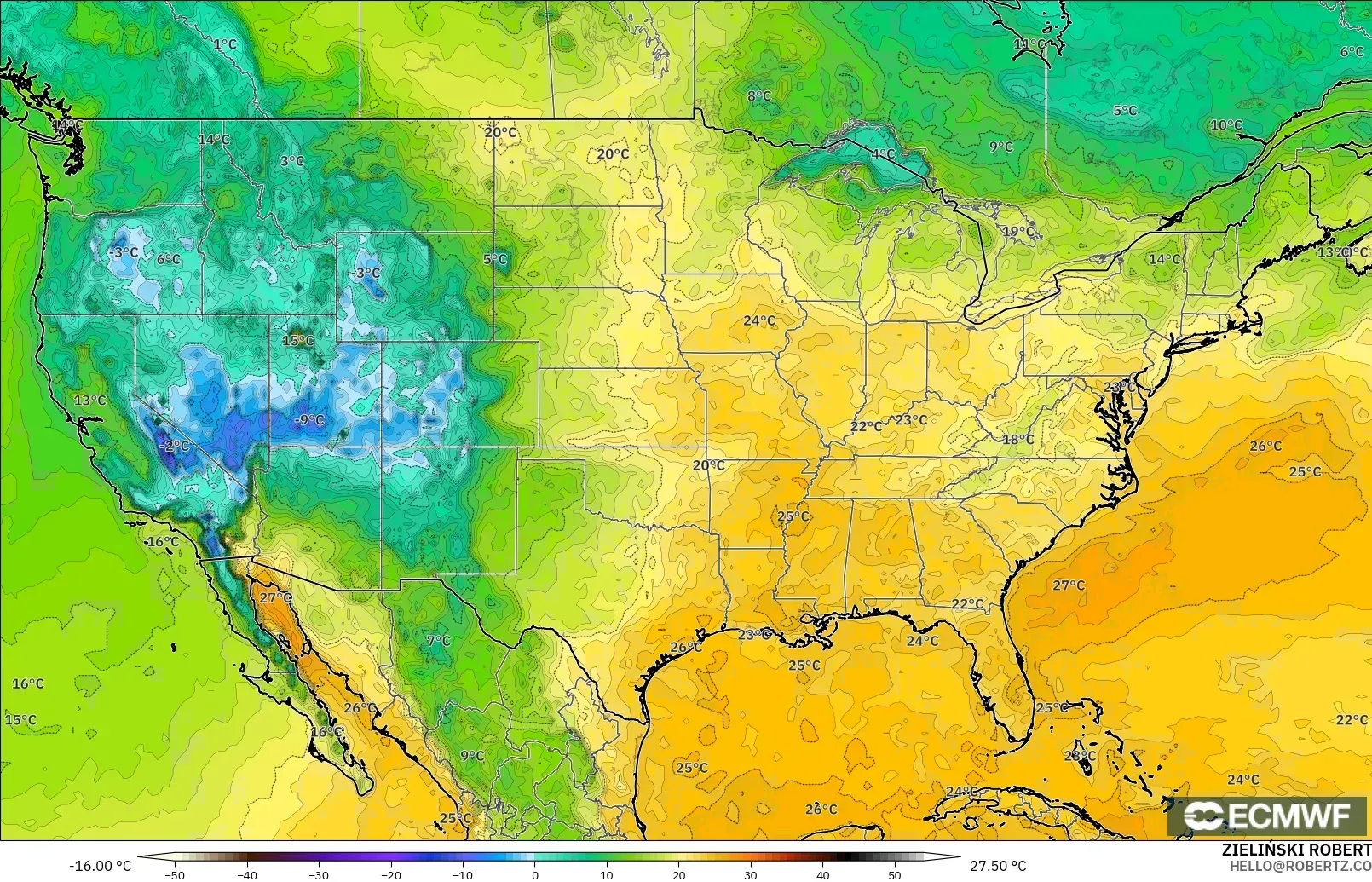 ECMWF IFS 0.25° model - United States, Dewpoint at 2m