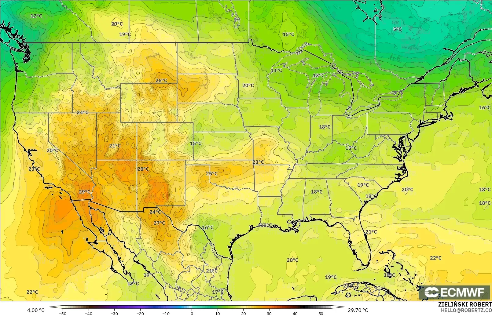 ECMWF IFS 0.25° model - United States, Temperature at 850hPa