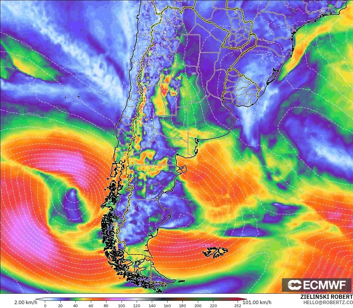 ECMWF IFS 0.25° model - Argentina, Wind Gusts Peak