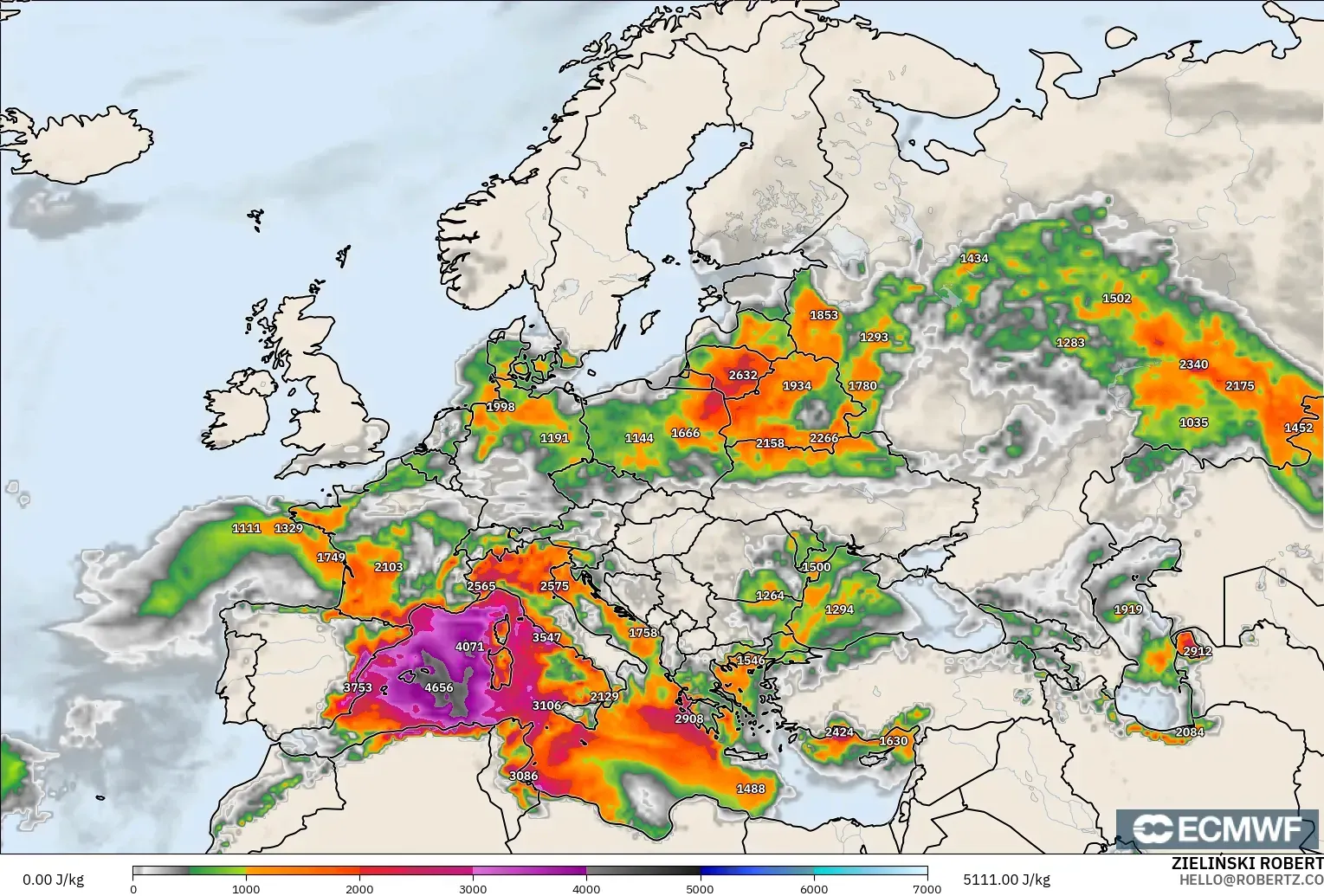 ECMWF IFS 0.25° model - Europe, CAPE