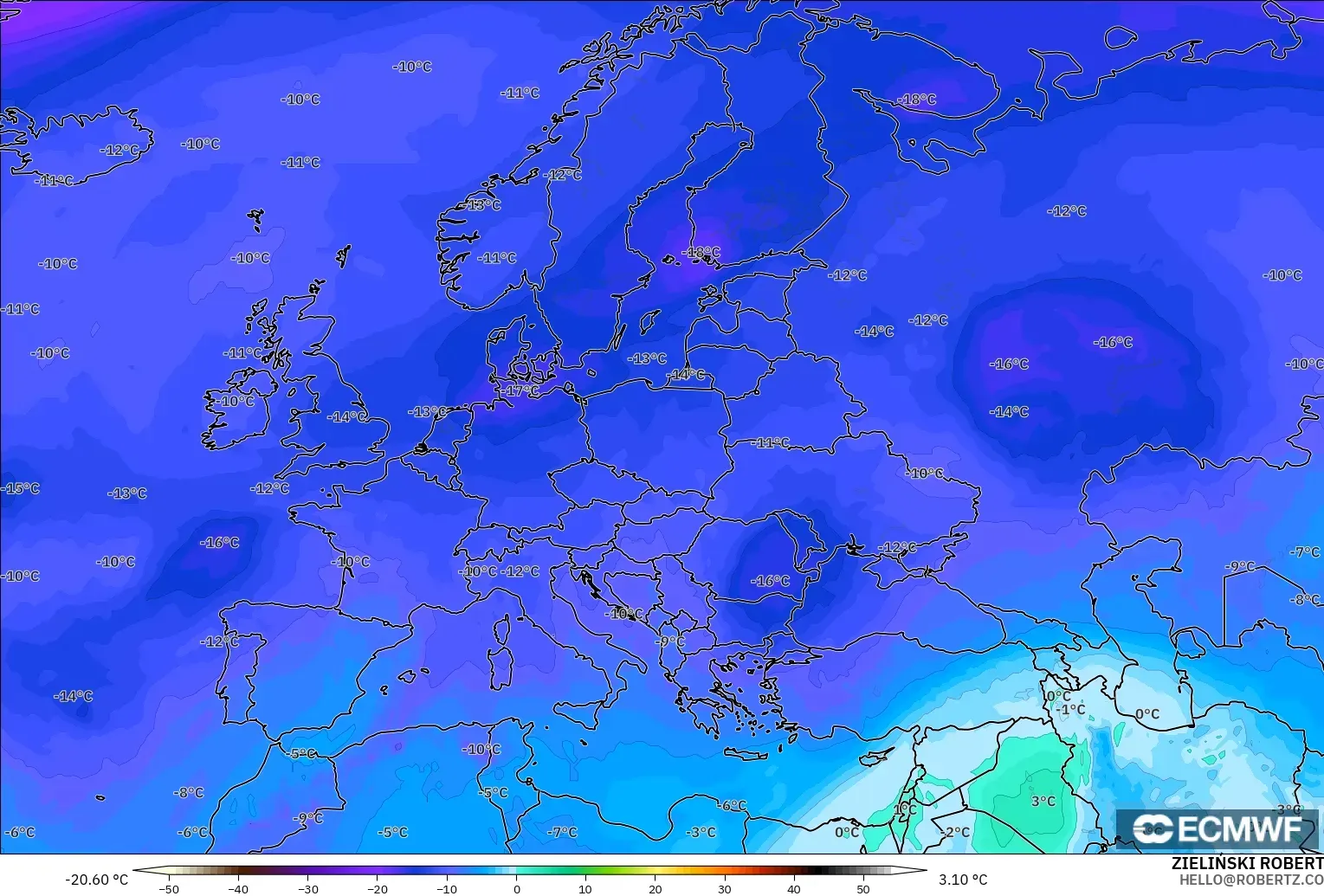ECMWF IFS 0.25° model - Europe, Temperature at 500hPa