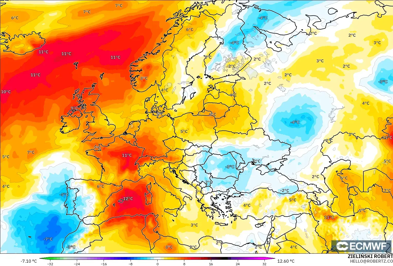 ECMWF IFS 0.25° model - Europe, Temperature at 850hPa Anomaly