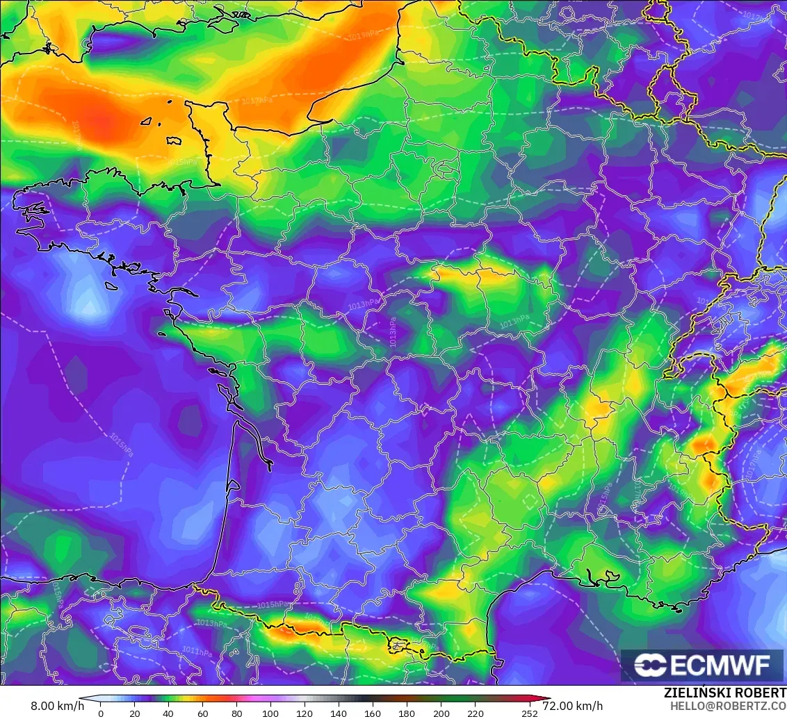 ECMWF IFS 0.25° model - France, Wind Gusts Peak