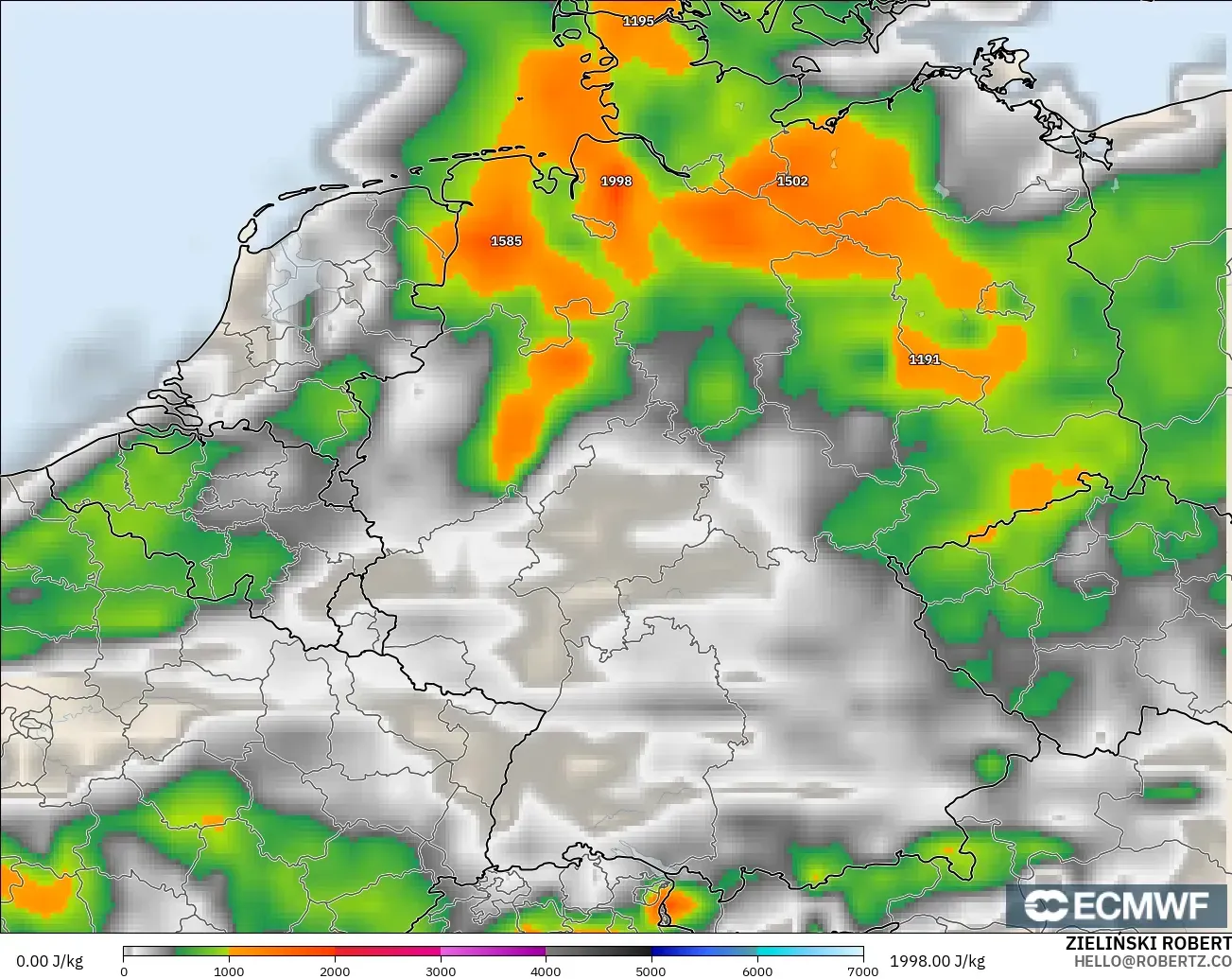 ECMWF IFS 0.25° model - Germany, CAPE