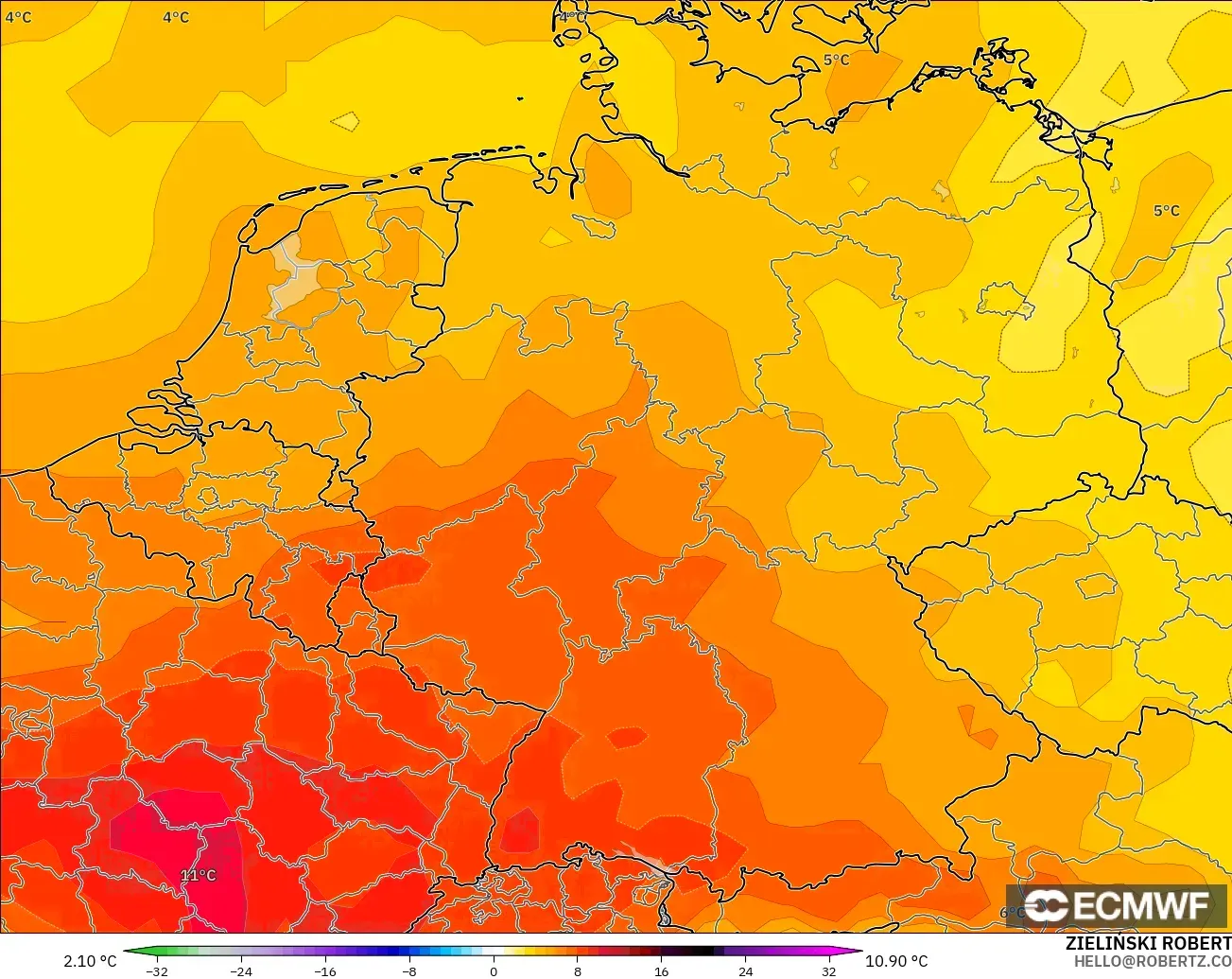 ECMWF IFS 0.25° model - Germany, Temperature at 850hPa Anomaly