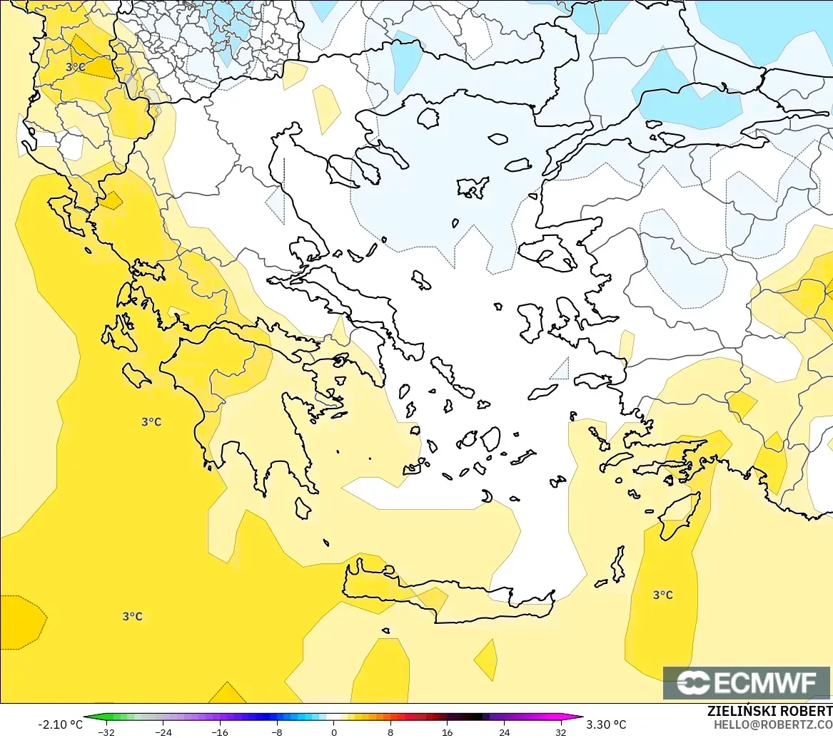 ECMWF IFS 0.25° model - Greece, Temperature at 850hPa Anomaly