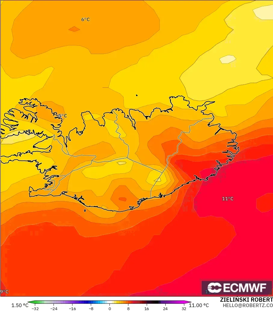 ECMWF IFS 0.25° model - Iceland, Temperature at 850hPa Anomaly