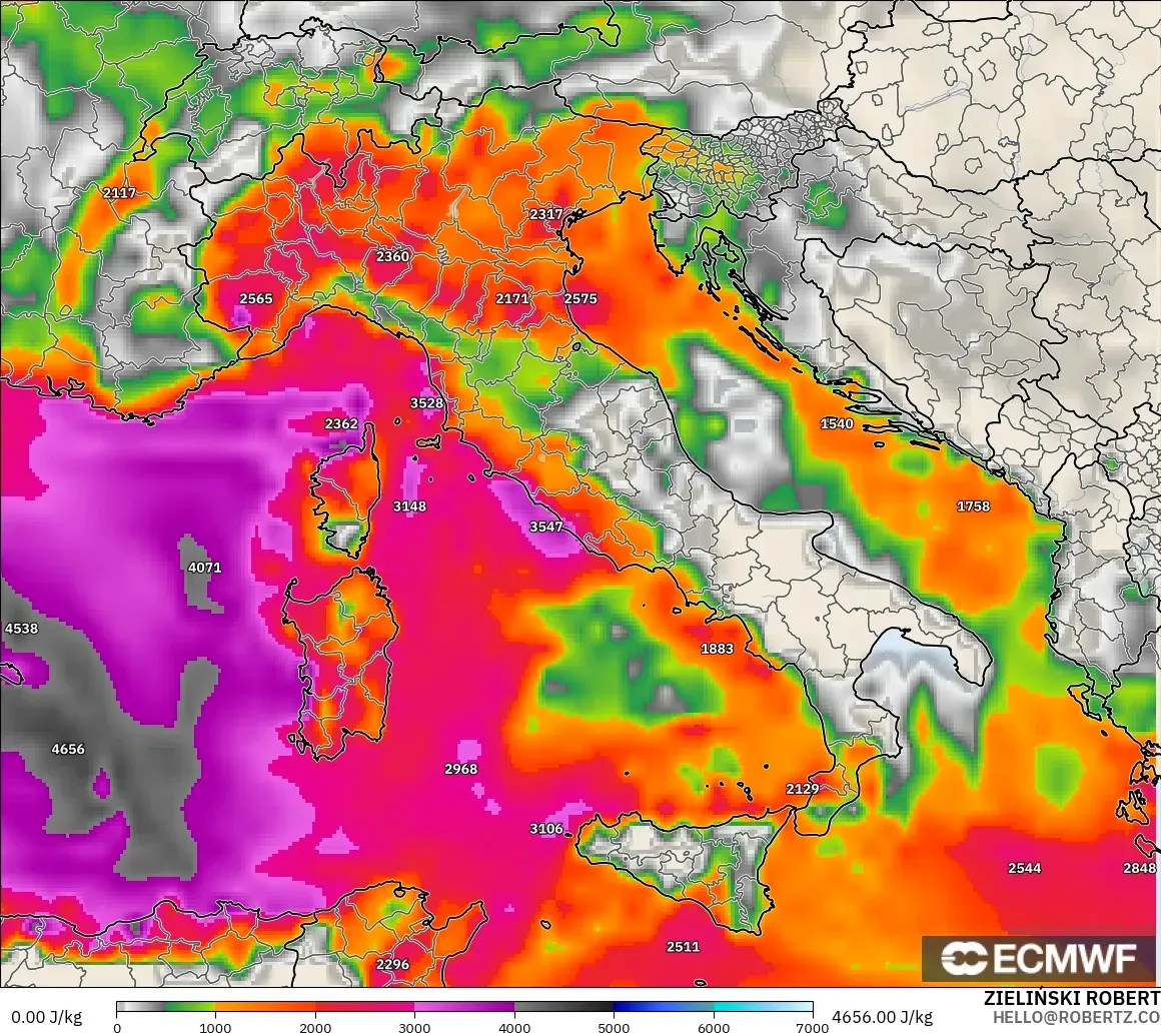 ECMWF IFS 0.25° model - Italy, CAPE