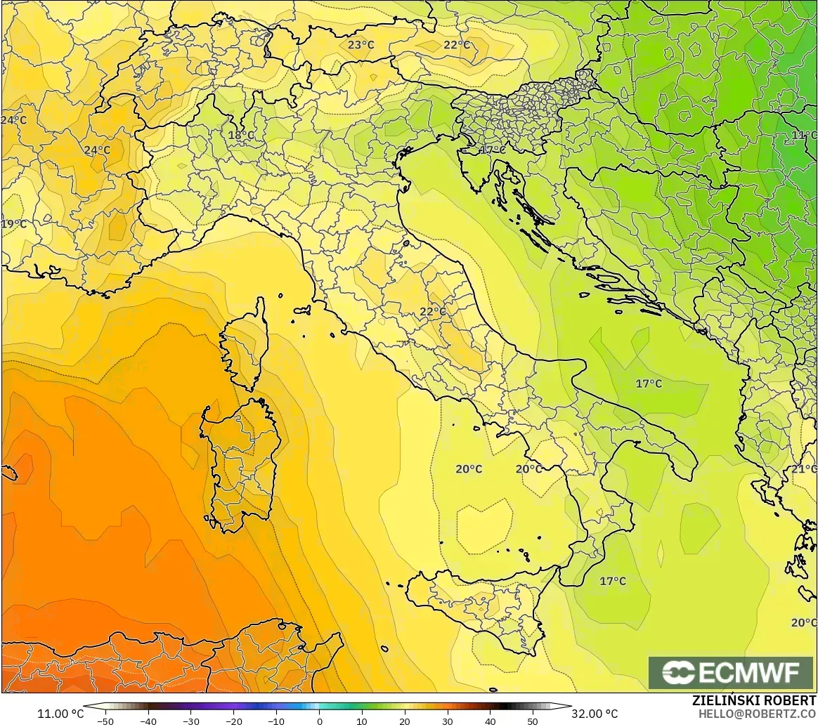 ECMWF IFS 0.25° model - Italy, Temperature at 850hPa