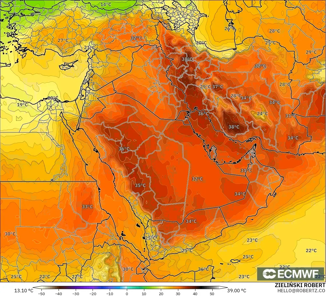 ECMWF IFS 0.25° model - Middle East, Temperature at 850hPa