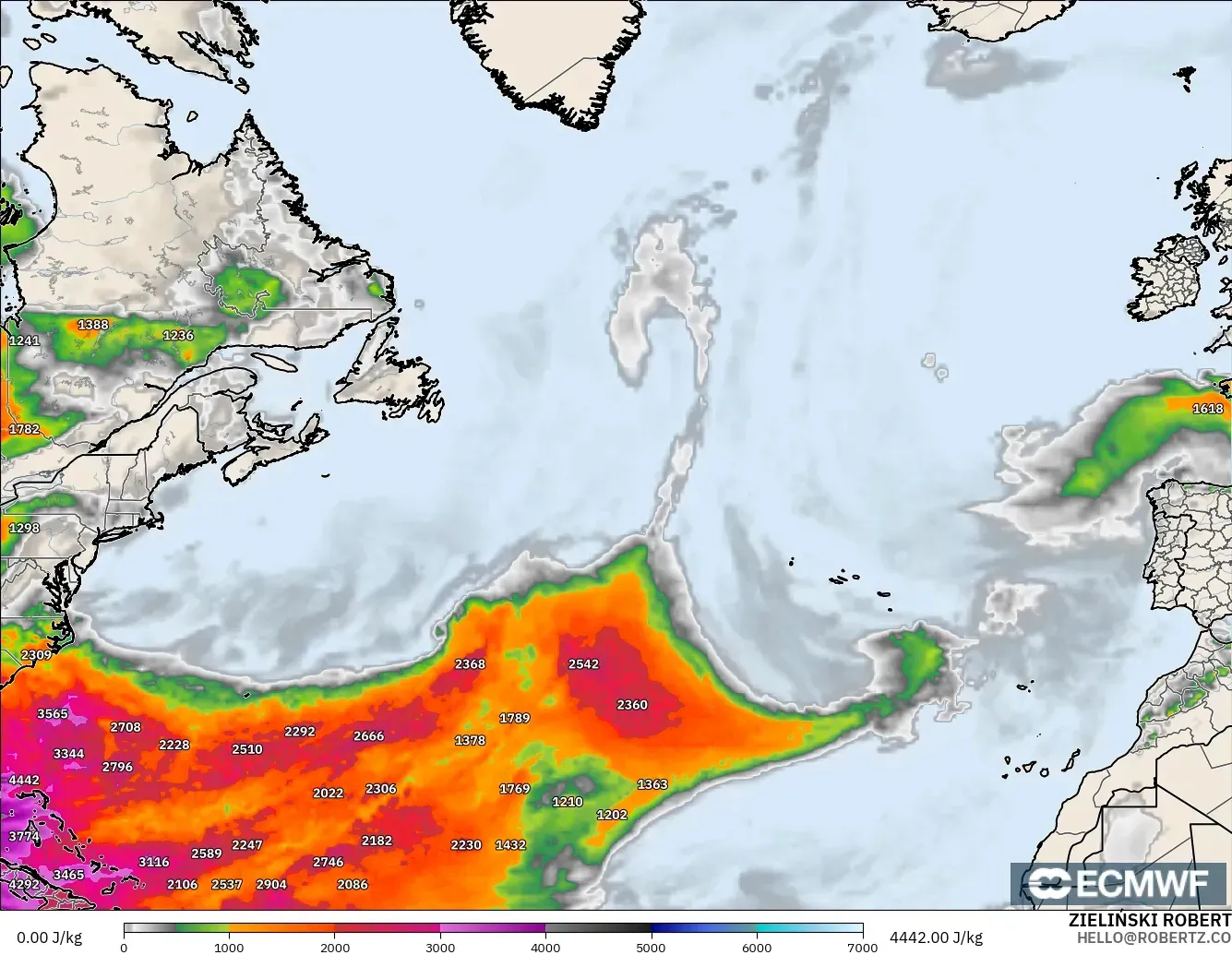 ECMWF IFS 0.25° model - North Atlantic, CAPE