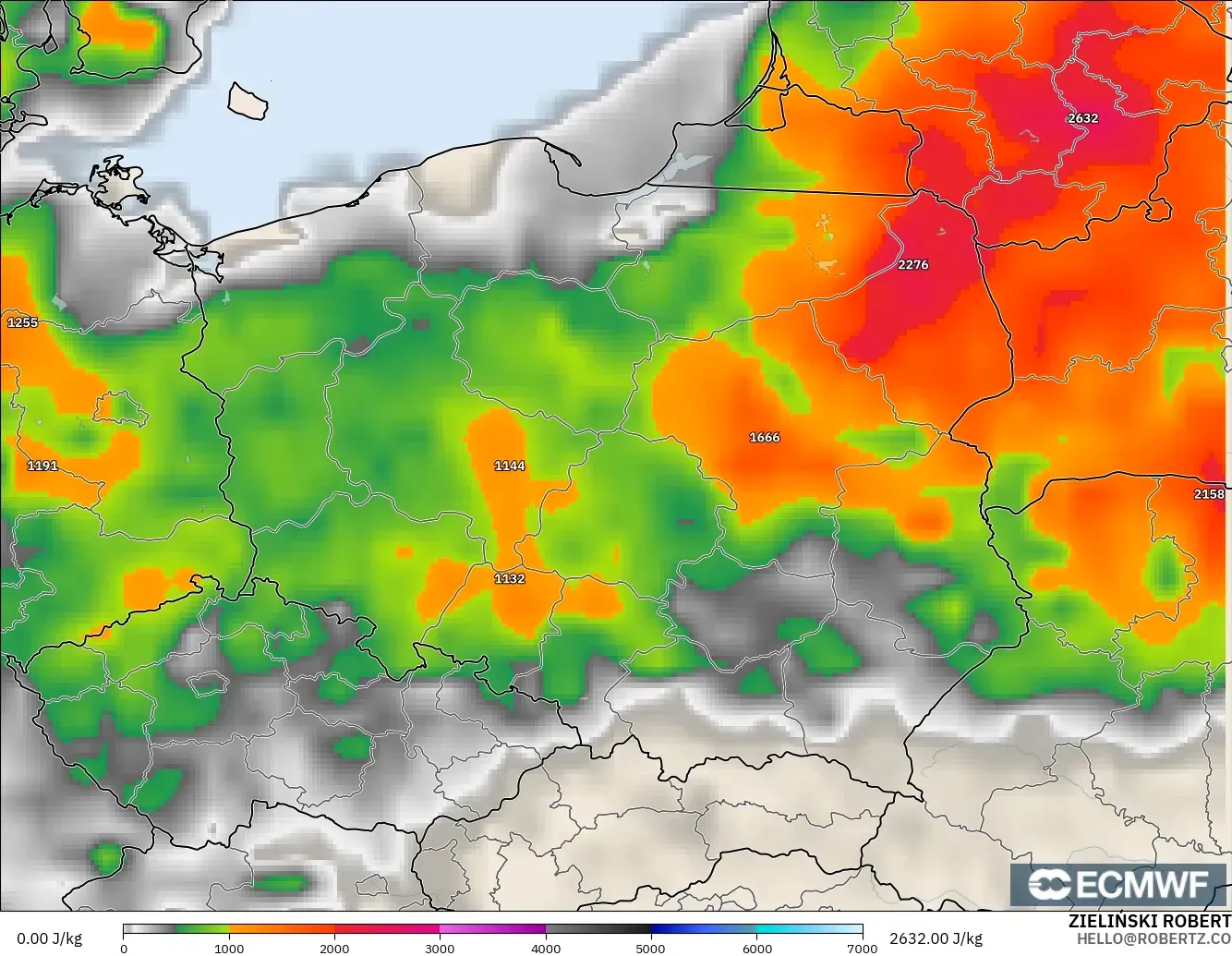 ECMWF IFS 0.25° model - Poland, CAPE