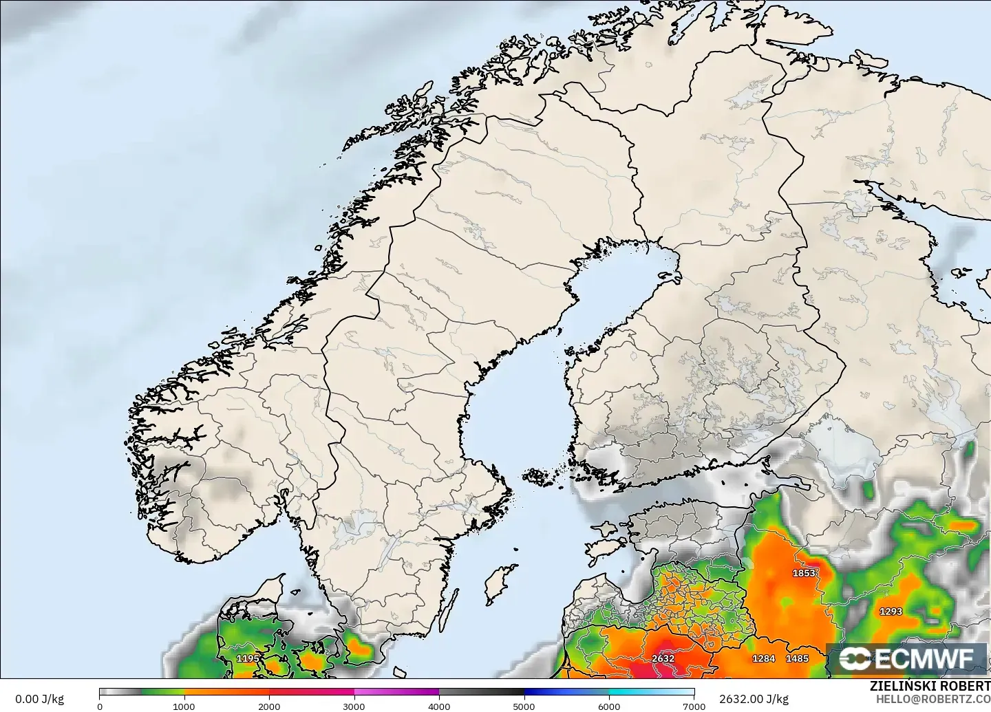 ECMWF IFS 0.25° model - Scandinavia, CAPE