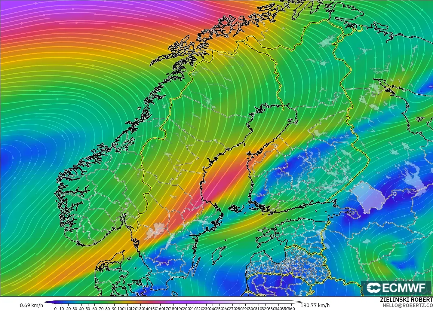 ECMWF IFS 0.25° model - Scandinavia, Wind at 300hPa (jet stream)