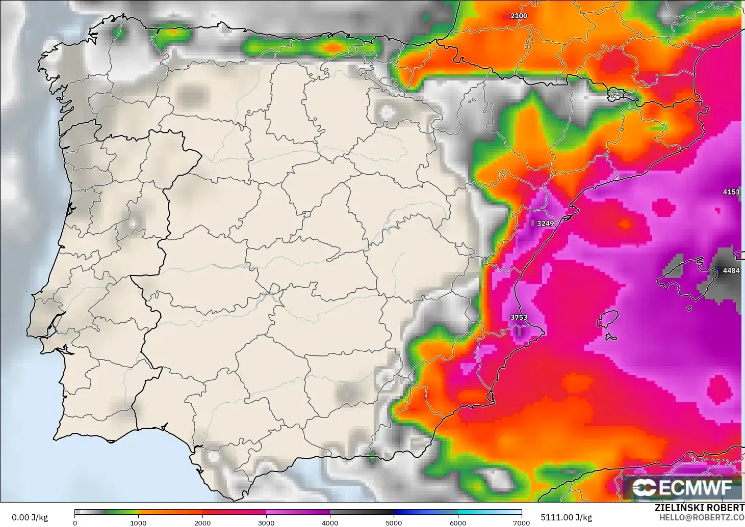 ECMWF IFS 0.25° model - Spain, CAPE