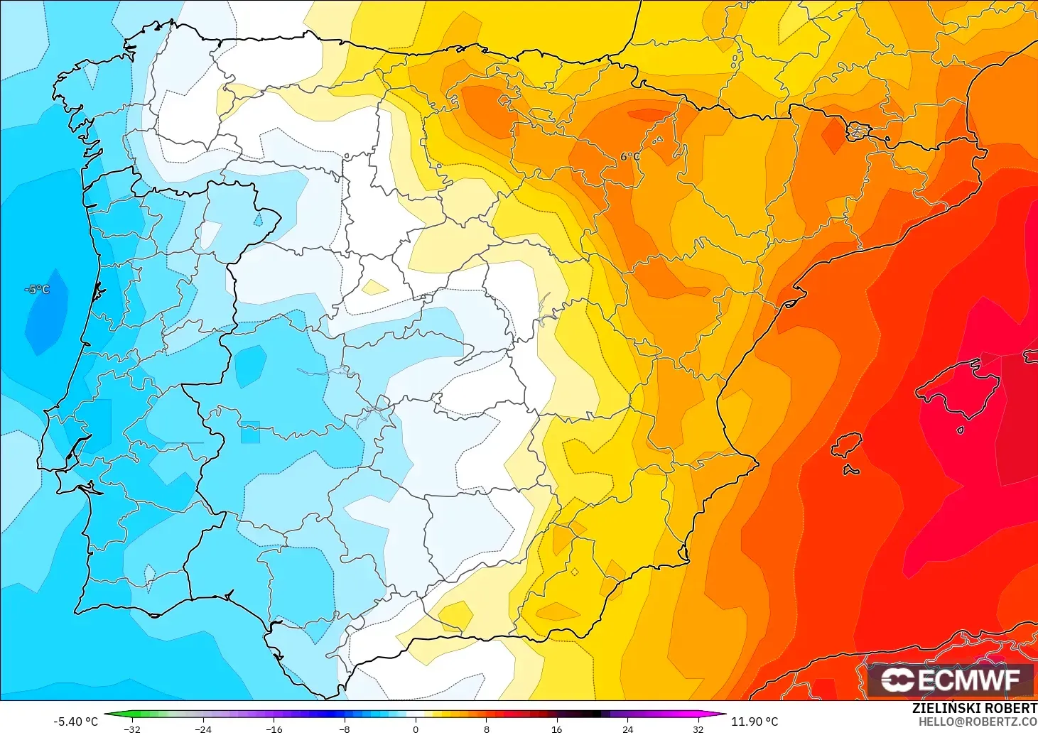 ECMWF IFS 0.25° model - Spain, Temperature at 850hPa Anomaly
