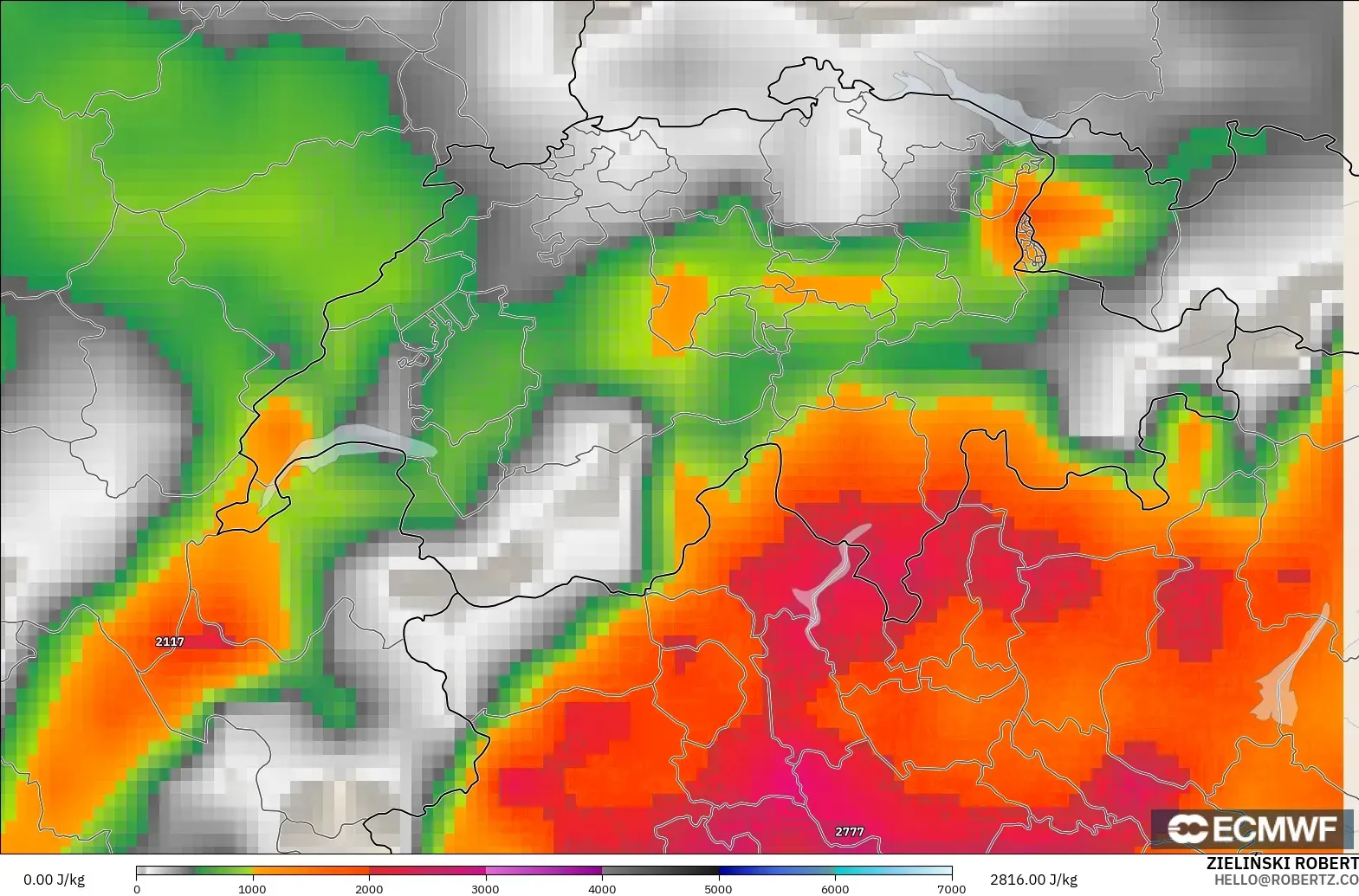 ECMWF IFS 0.25° model - Switzerland, CAPE