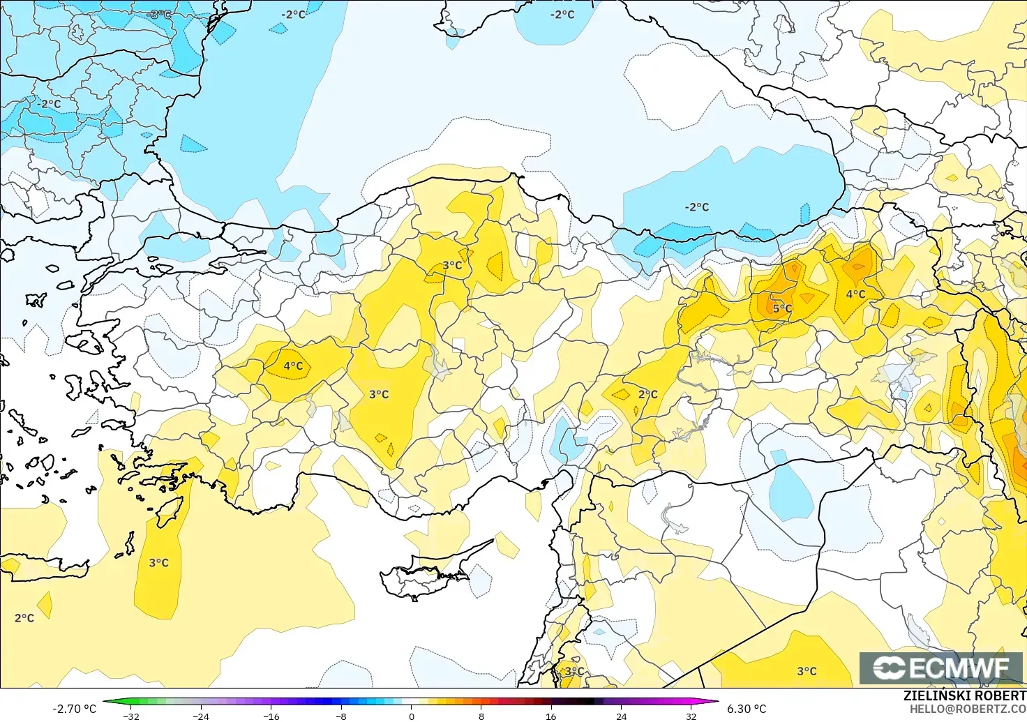 ECMWF IFS 0.25° model - Turkey, Temperature at 850hPa Anomaly
