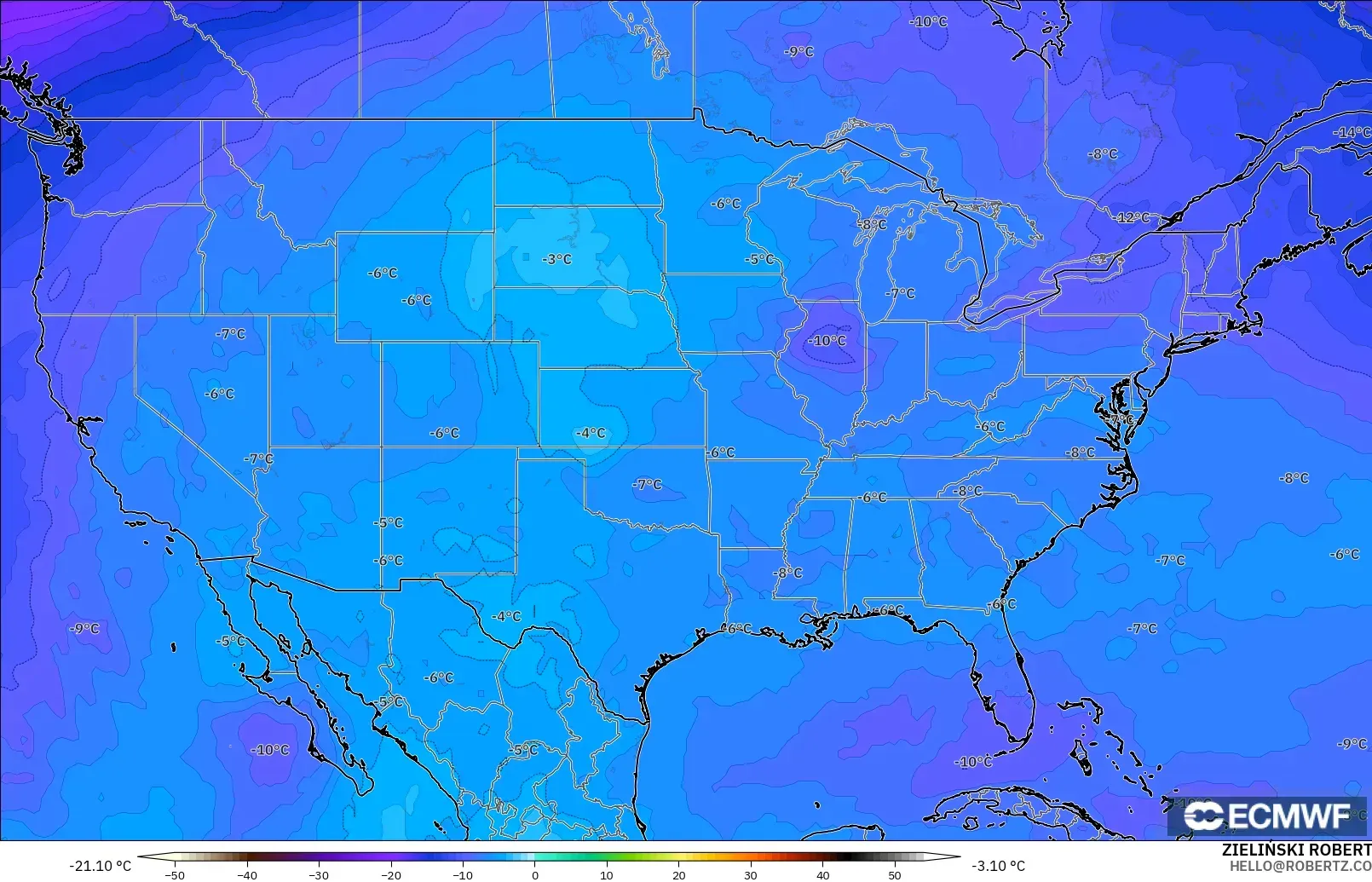 ECMWF IFS 0.25° model - United States, Temperature at 500hPa