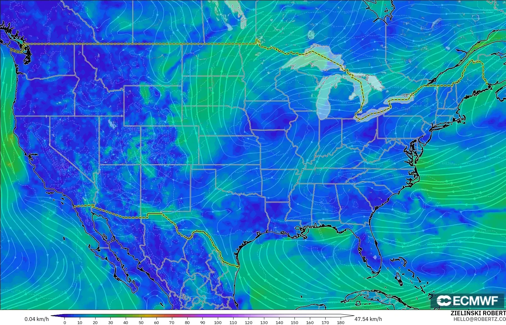 ECMWF IFS 0.25° model - United States, Wind at 10m