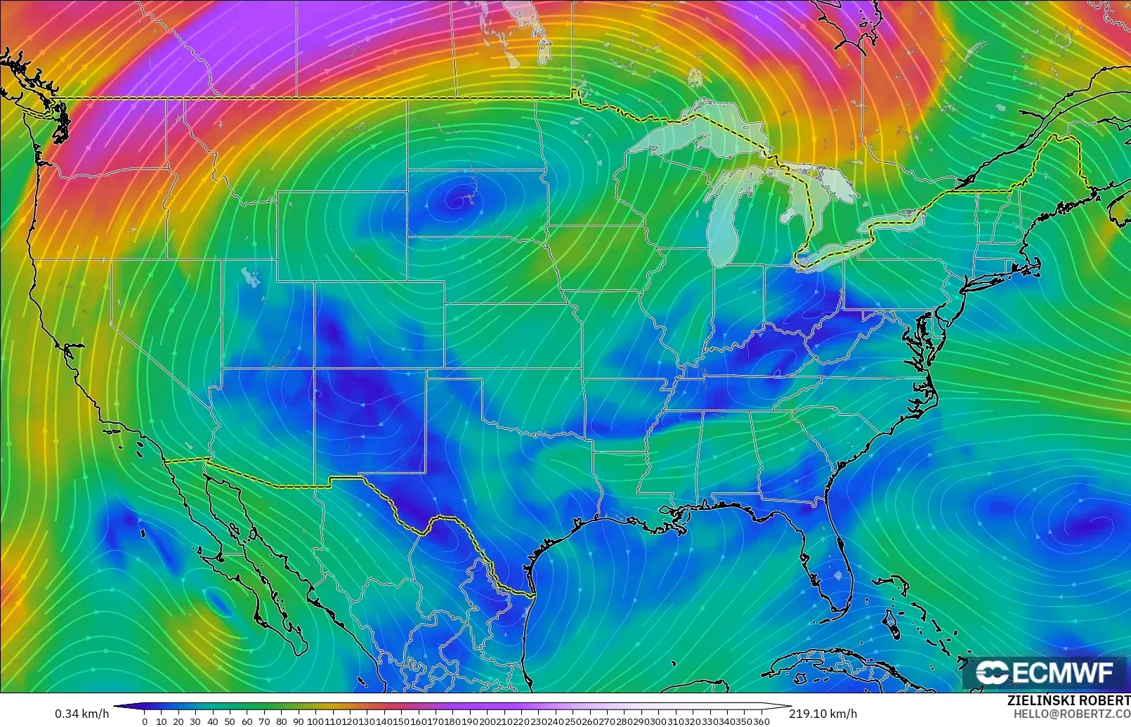 ECMWF IFS 0.25° model - United States, Wind at 300hPa (jet stream)