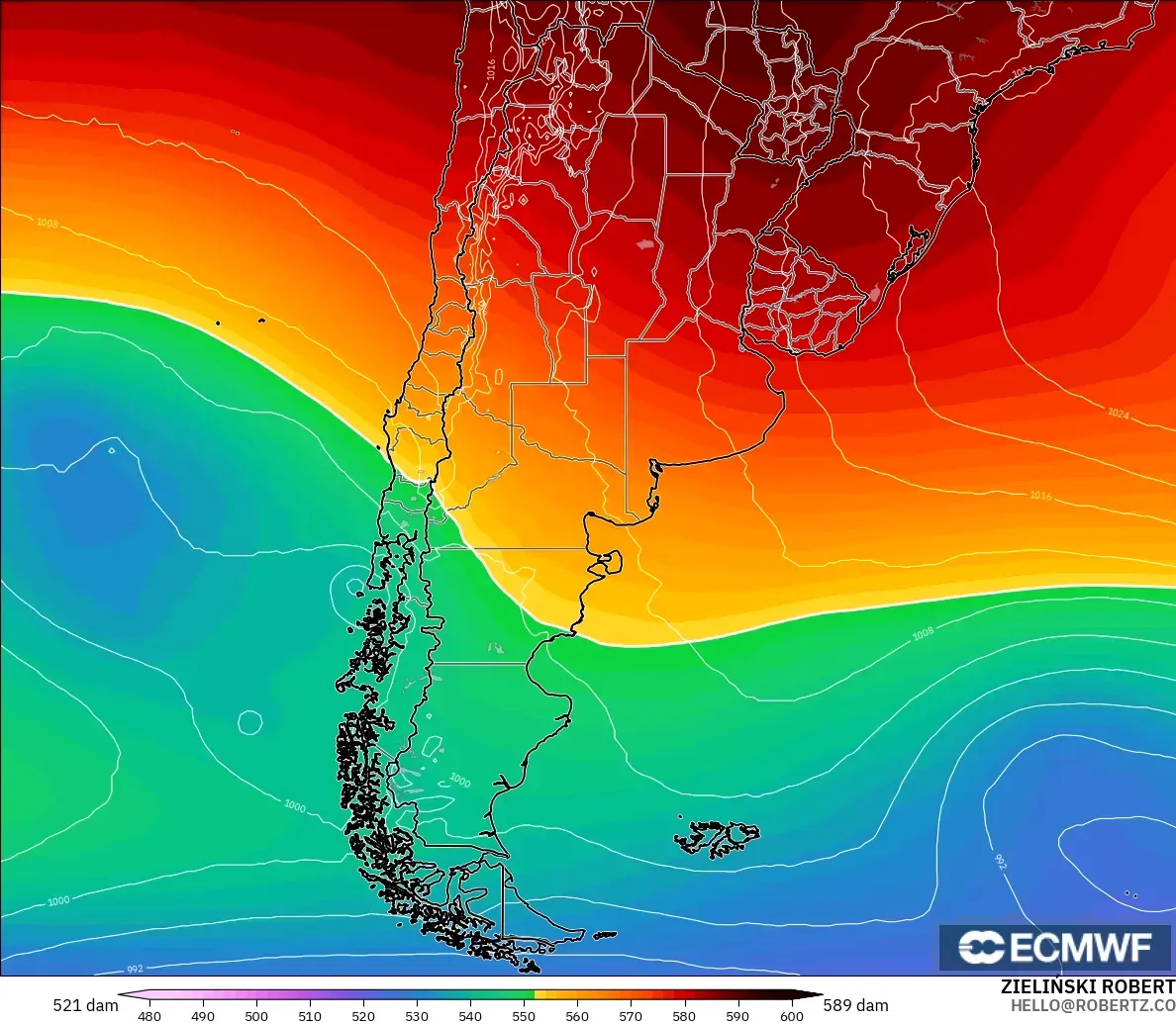 ECMWF IFS 0.25° model - Argentina, Geopotential height at 500hPa