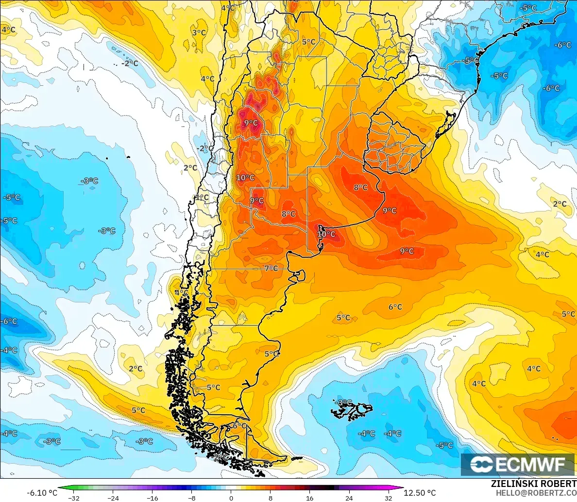ECMWF IFS 0.25° model - Argentina, Temperature at 850hPa Anomaly