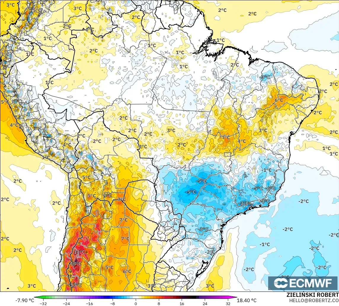 ECMWF IFS 0.25° model - Brazil, Temperature at 2m Anomaly