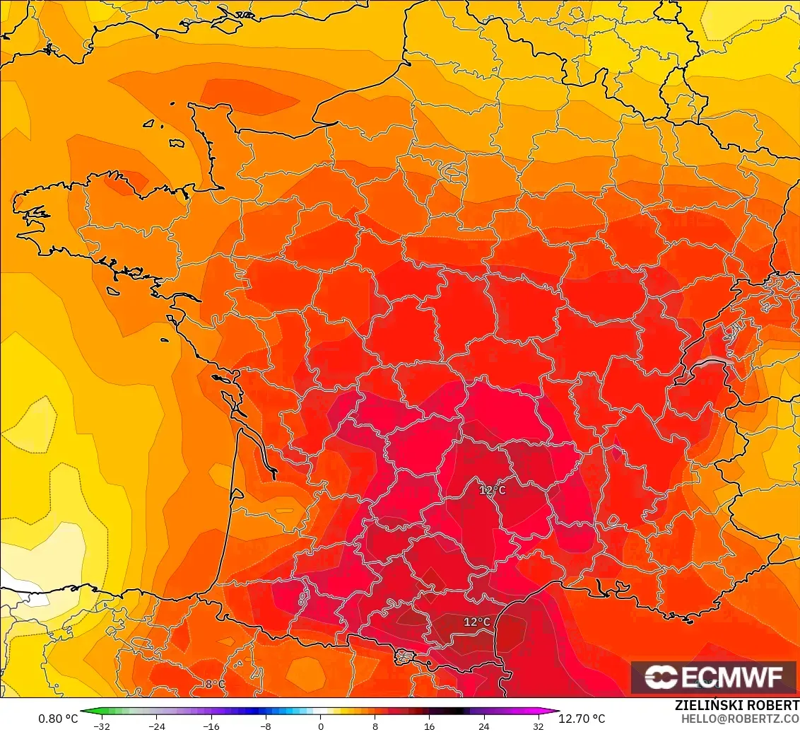 ECMWF IFS 0.25° model - France, Temperature at 850hPa Anomaly