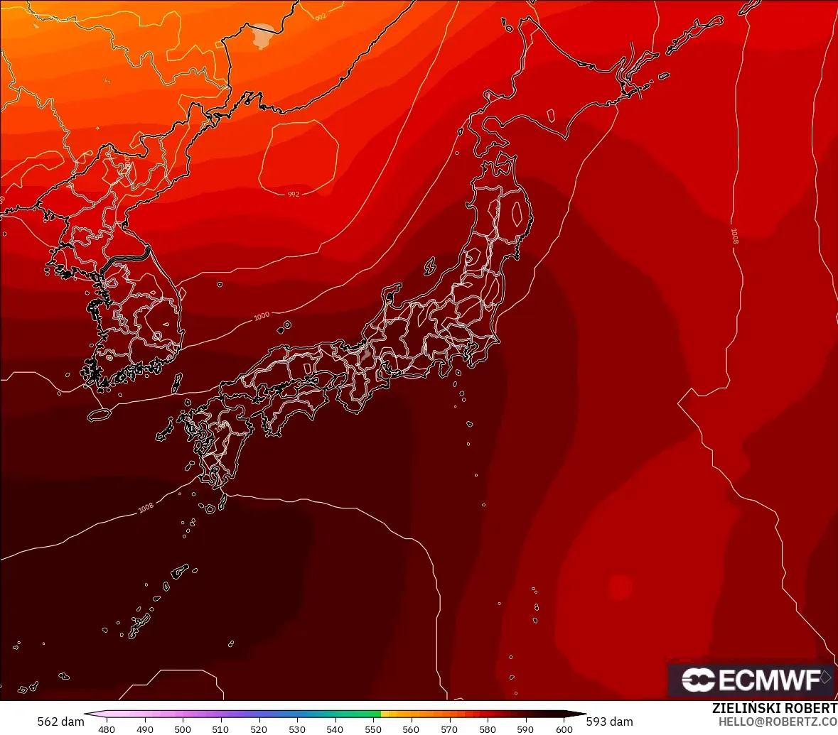 ECMWF IFS 0.25° model - Japan, Geopotential height at 500hPa