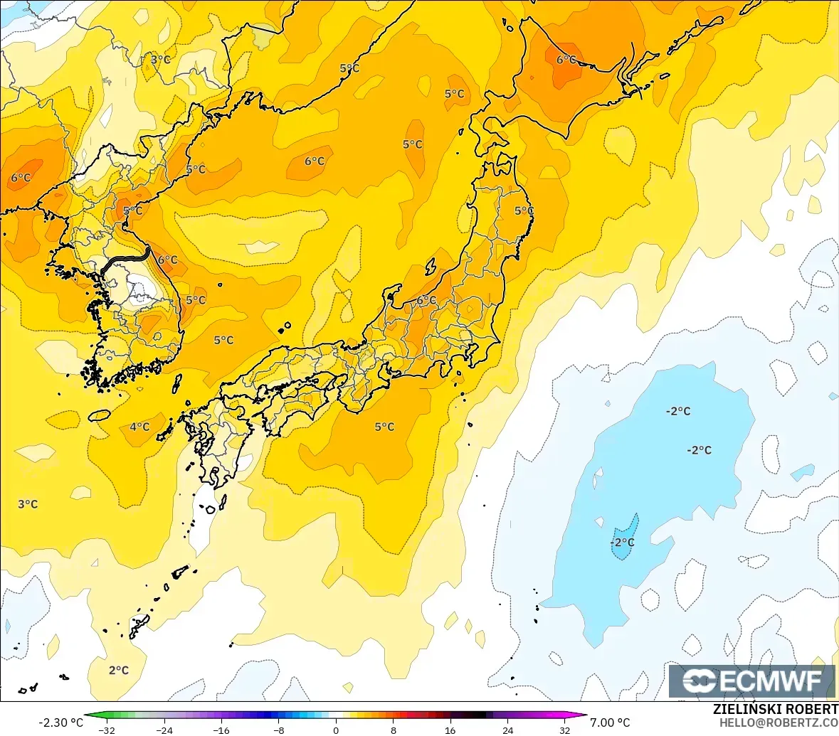 ECMWF IFS 0.25° model - Japan, Temperature at 850hPa Anomaly