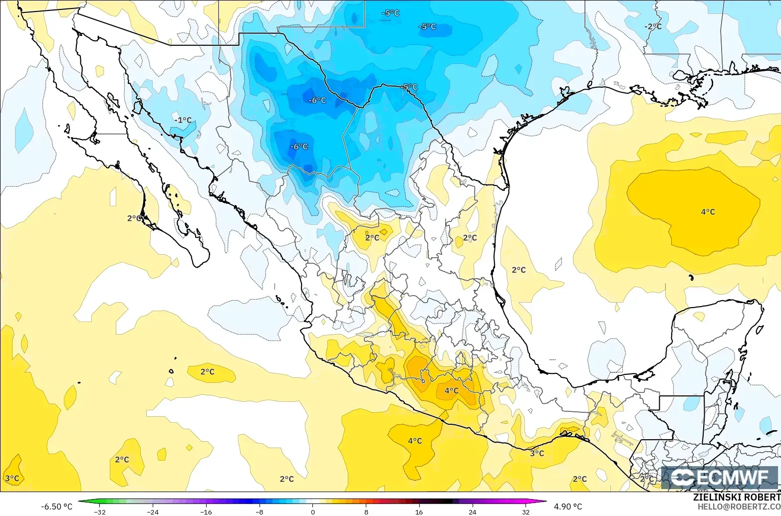 ECMWF IFS 0.25° model - Mexico, Temperature at 850hPa Anomaly