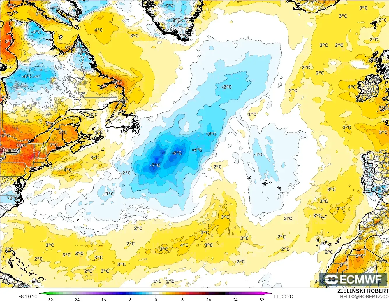 ECMWF IFS 0.25° model - North Atlantic, Temperature at 2m Anomaly