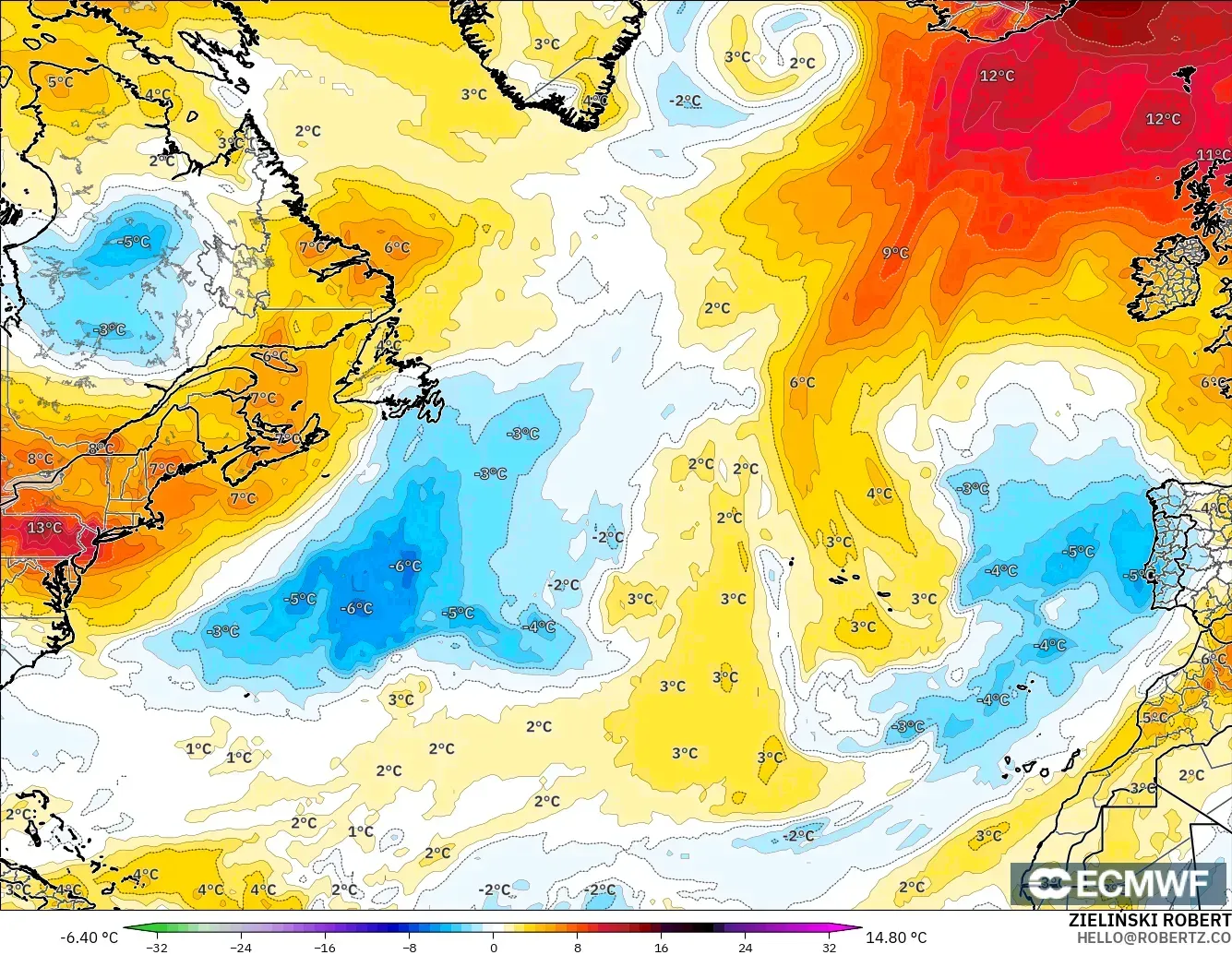 ECMWF IFS 0.25° model - North Atlantic, Temperature at 850hPa Anomaly