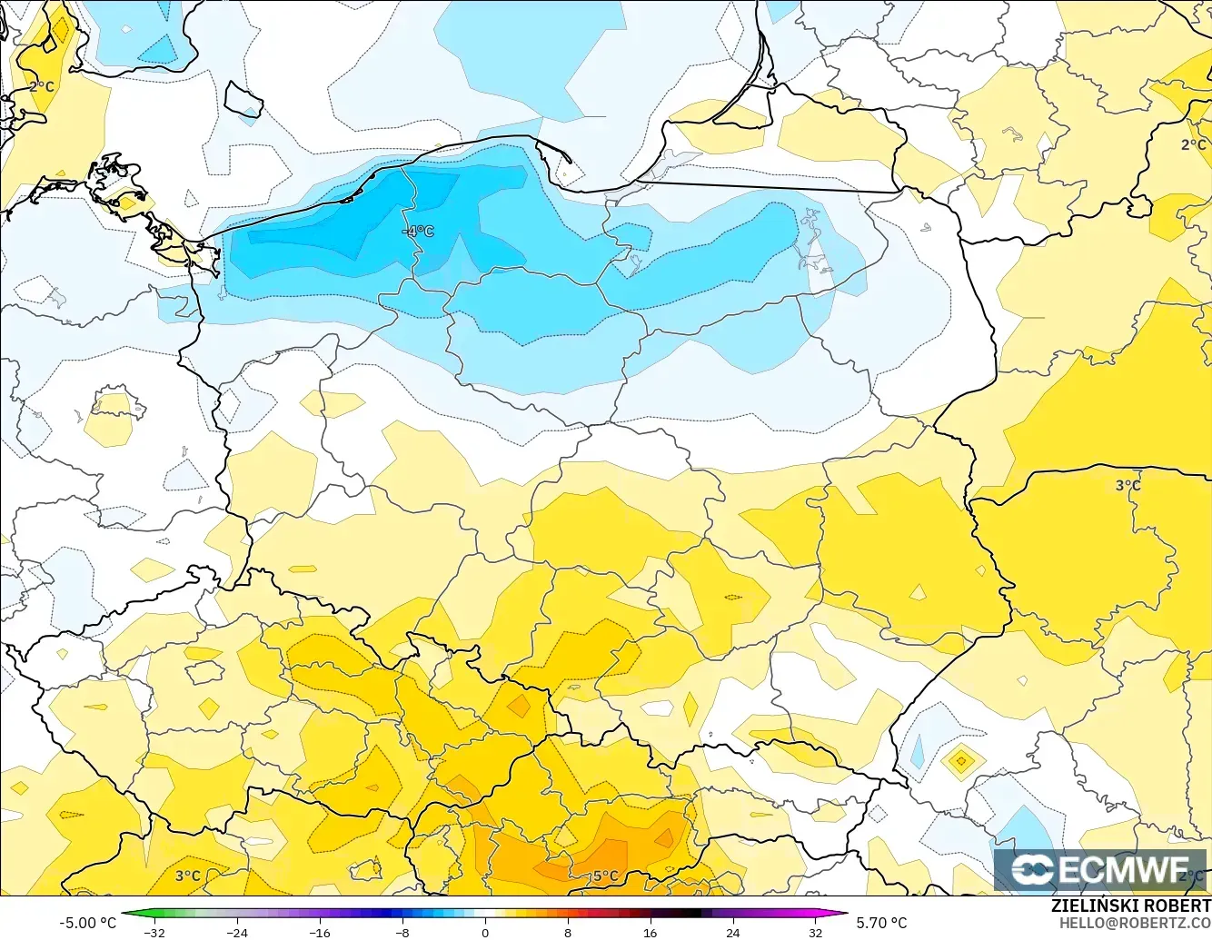 ECMWF IFS 0.25° model - Poland, Temperature at 2m Anomaly