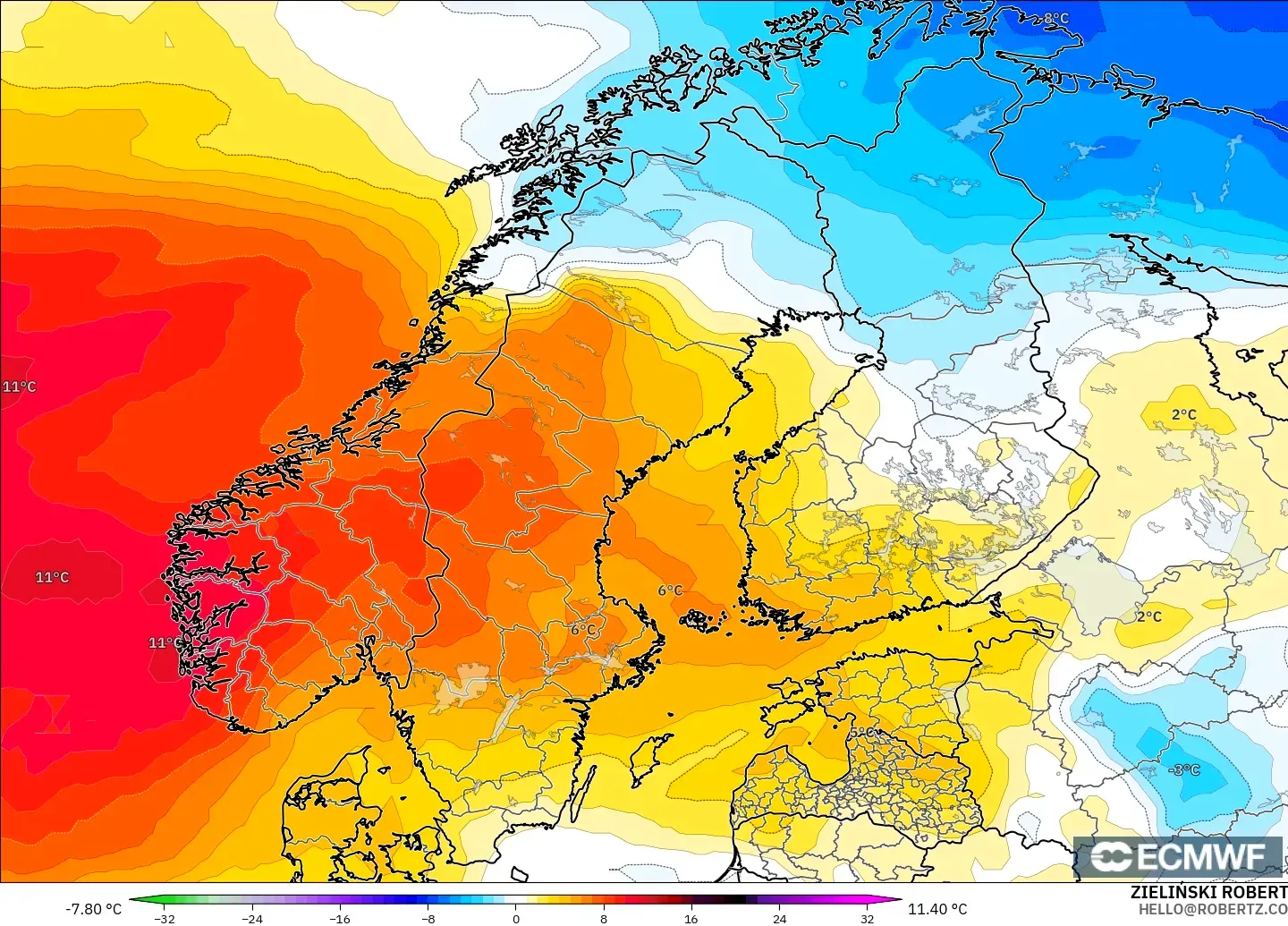 ECMWF IFS 0.25° model - Scandinavia, Temperature at 850hPa Anomaly